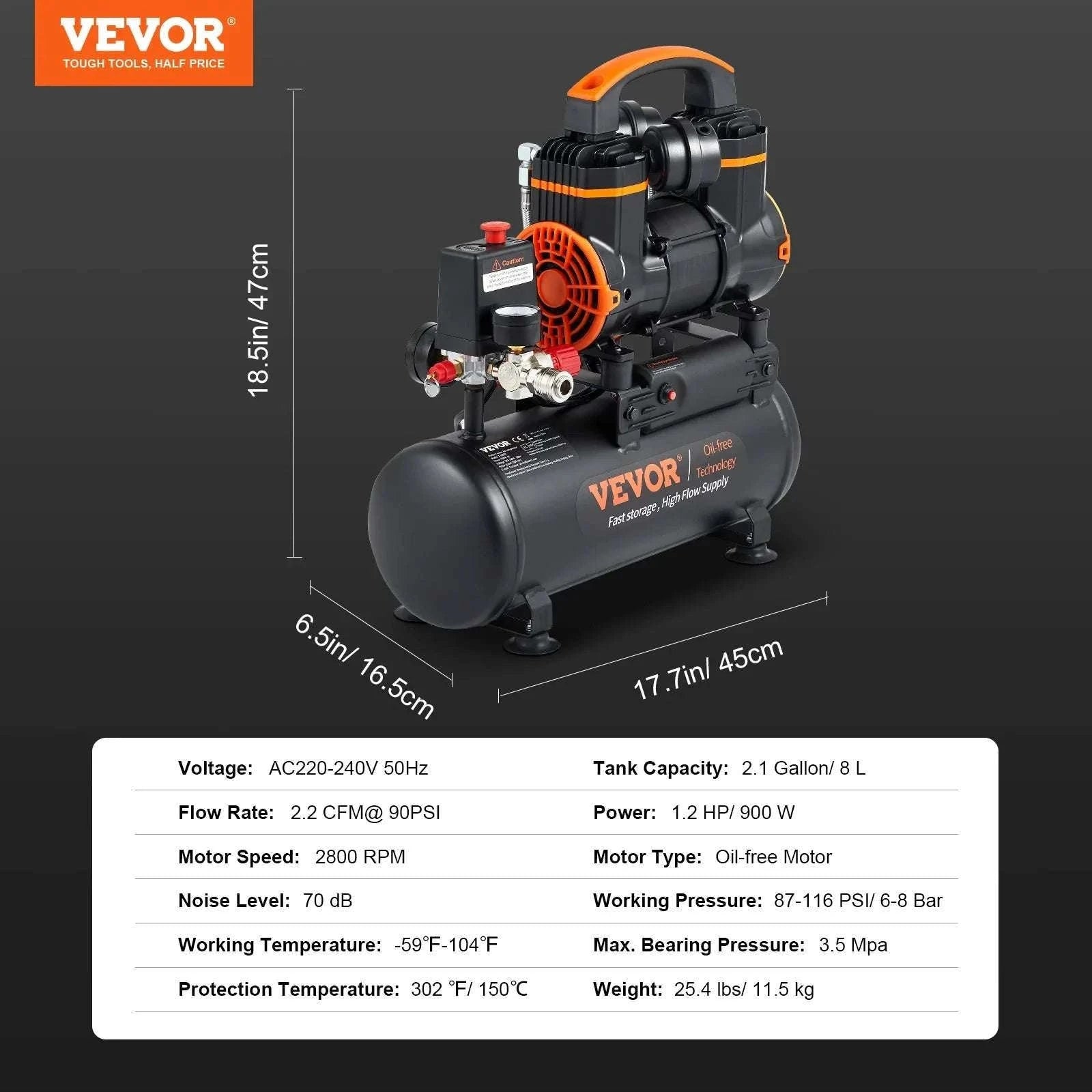 Quiet Oil-Free Air Compressor for Tire Inflation & Air Tools-35L 1800W / United States