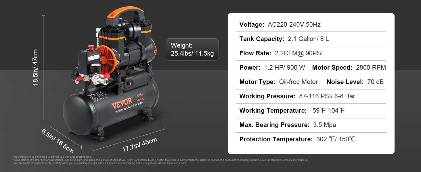 Quiet Oil-Free Air Compressor for Tire Inflation & Air Tools-35L 1800W / United States