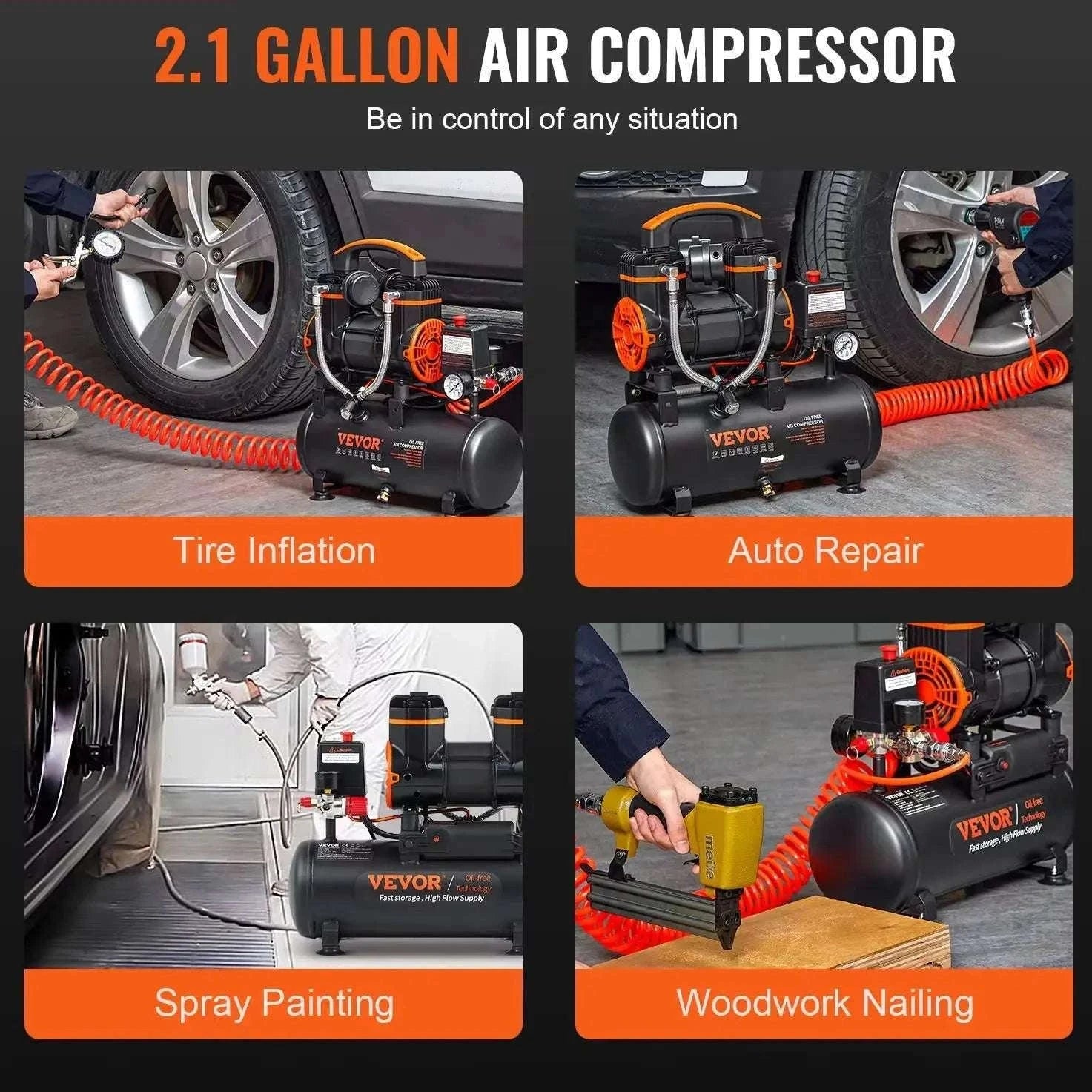 Quiet Oil-Free Air Compressor for Tire Inflation & Air Tools-35L 1800W / United States
