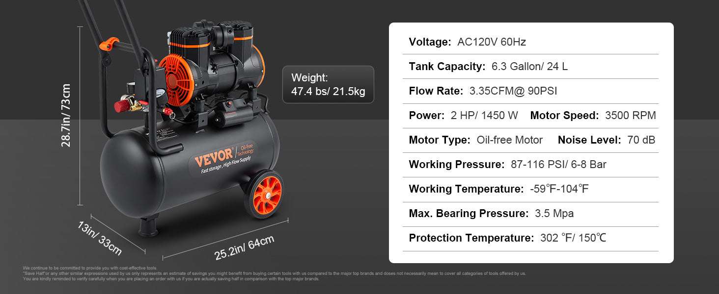 Quiet Oil-Free Air Compressor for Tire Inflation & Air Tools-35L 1800W / United States