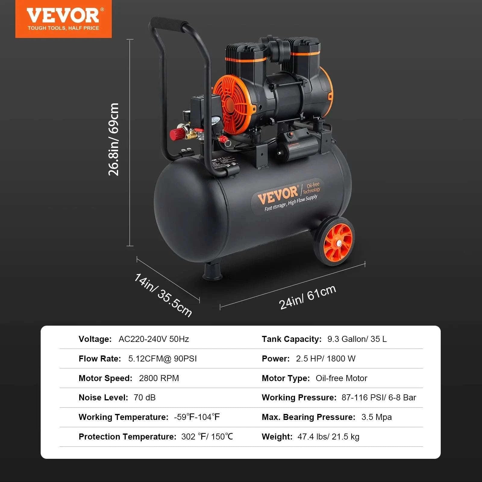 Quiet Oil-Free Air Compressor for Tire Inflation & Home Tools-24L 1450W / United States