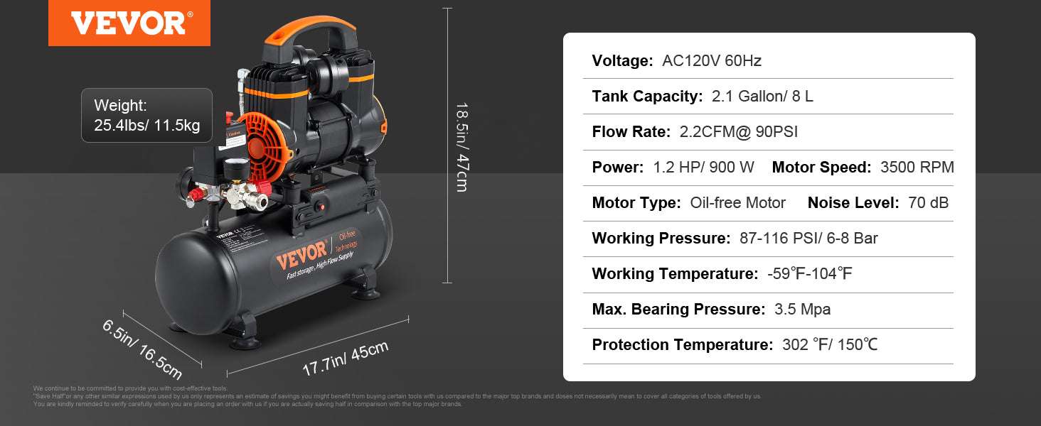Quiet Oil-Free Air Compressor for Tire Inflation & Home Tools-24L 1450W / United States