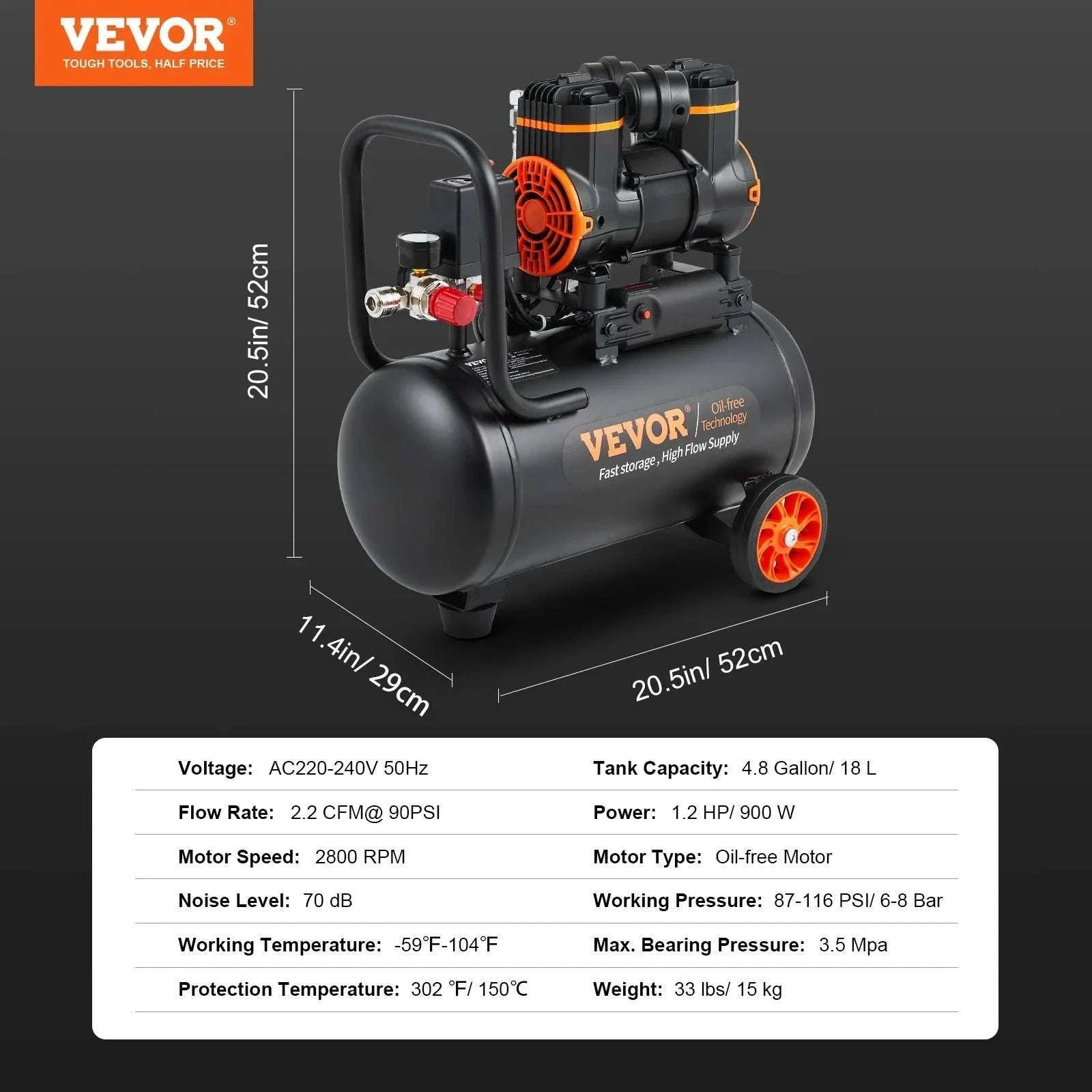 Quiet Oil-Free Air Compressor for Tire Inflation & Home Tools-24L 1450W / United States