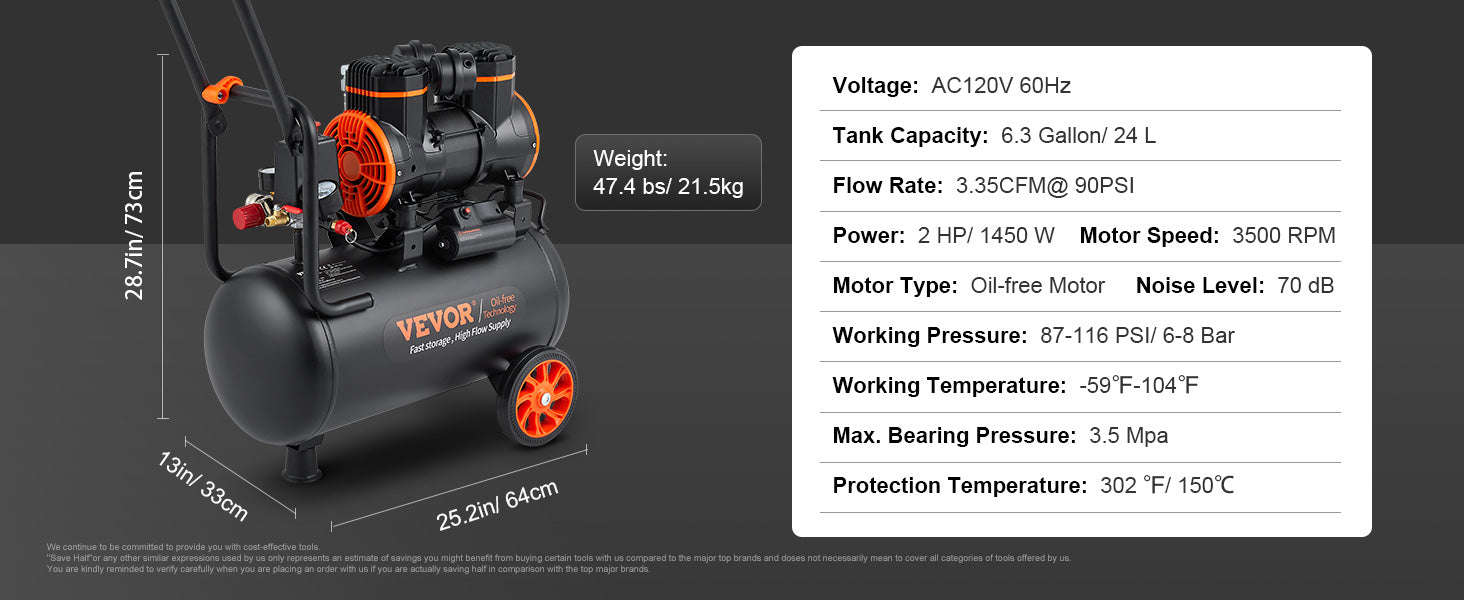 Quiet Oil-Free Portable Air Compressor Pump-24L 1450W / EU / spain