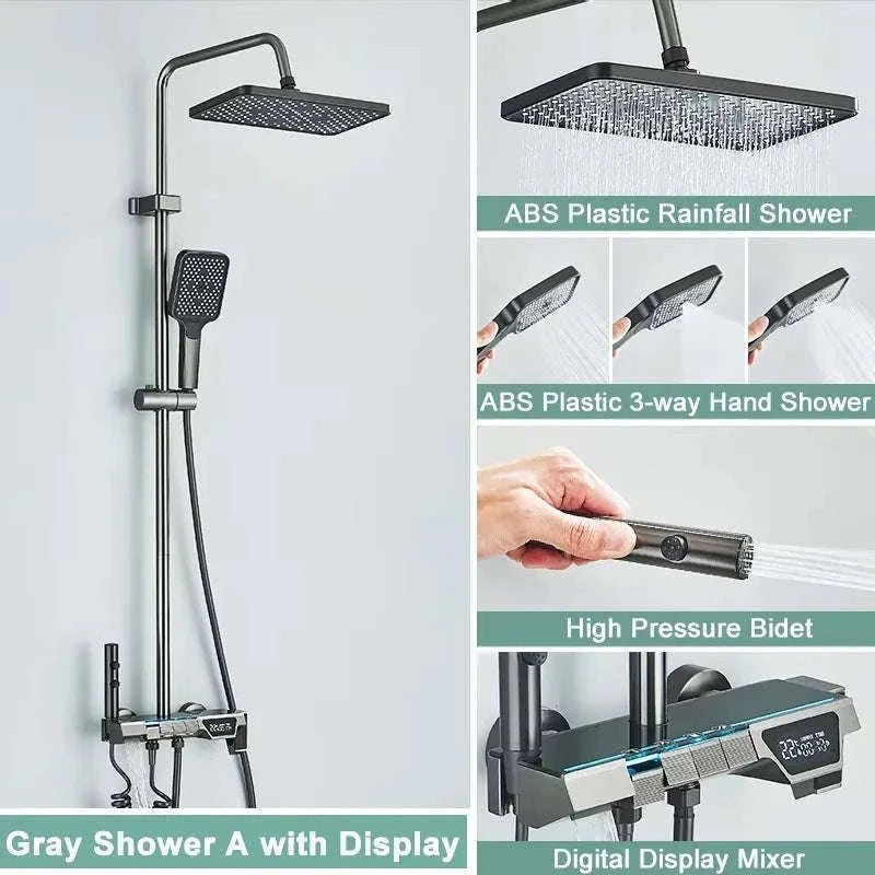 Rainfall Bathroom Shower System Set with Digital Display-White-With Display / Russian Federation