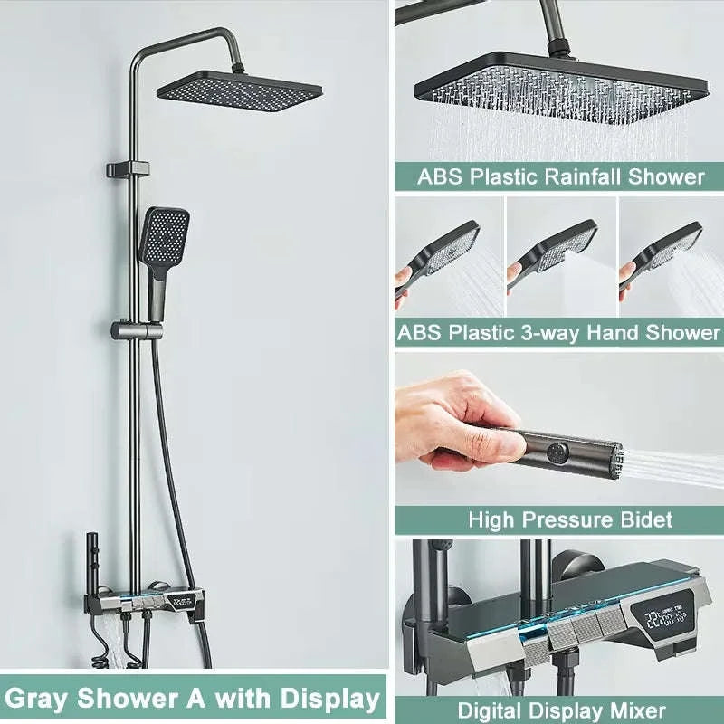 Rainfall Bathroom Shower System Set with Digital Display-White-With Display / Russian Federation