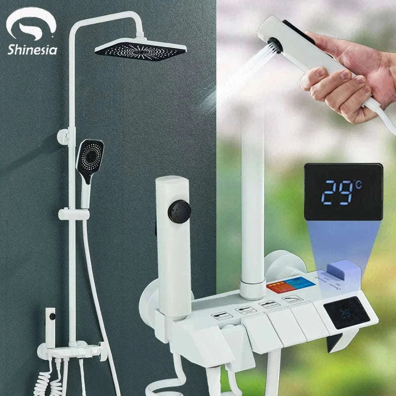Rainfall Bathroom Shower System Set with Digital Display-White-With Display / Russian Federation