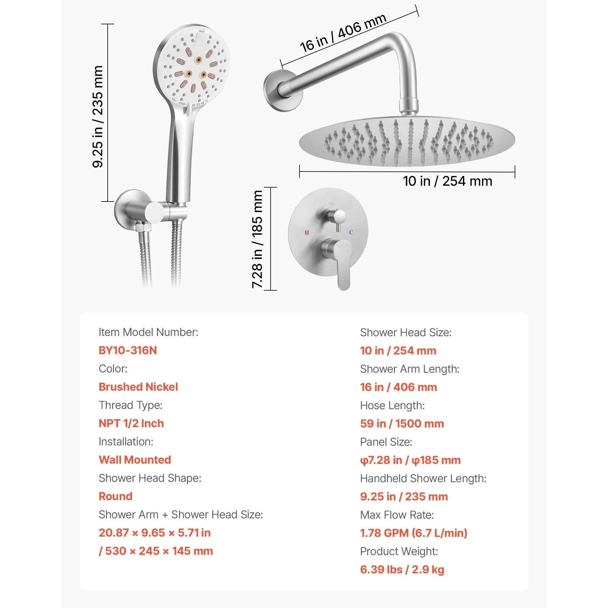 Rainfall Shower System with 10-Inch Head & Handheld Spray Set-Brushed Nickel10Inch / United States