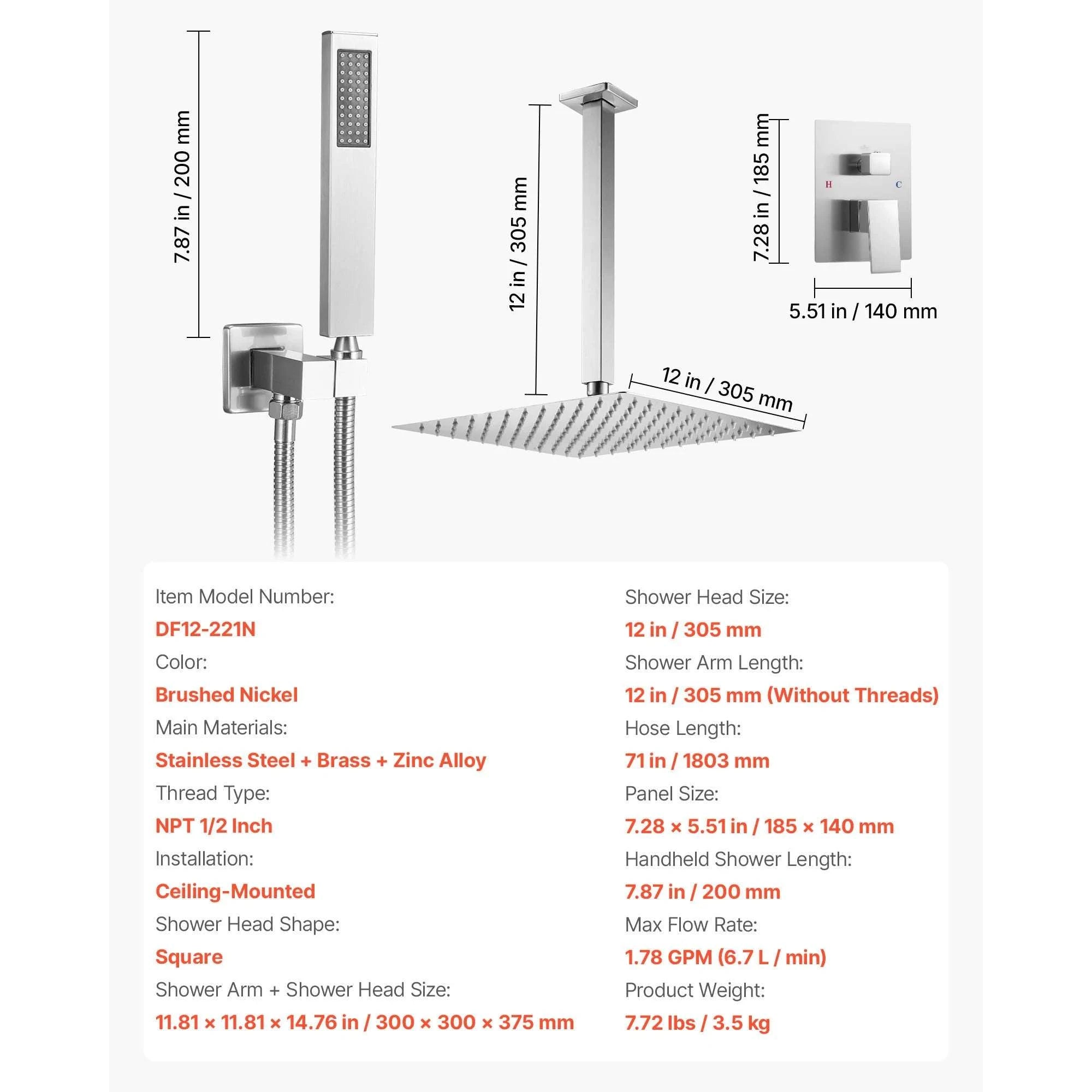 Rainfall Shower System with Ceiling Mount Head & Handheld Set-10in Matte Black / United States