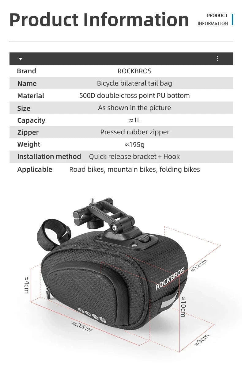 Rainproof Bike Saddle Bag with Quick Release and 1L Storage-C40    1L