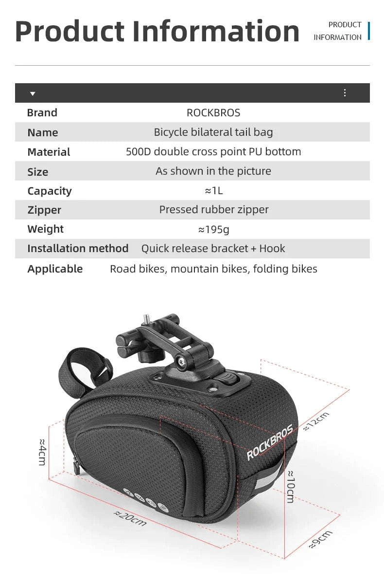 Rainproof Bike Saddle Bag with Quick Release and 1L Storage-C40    1L