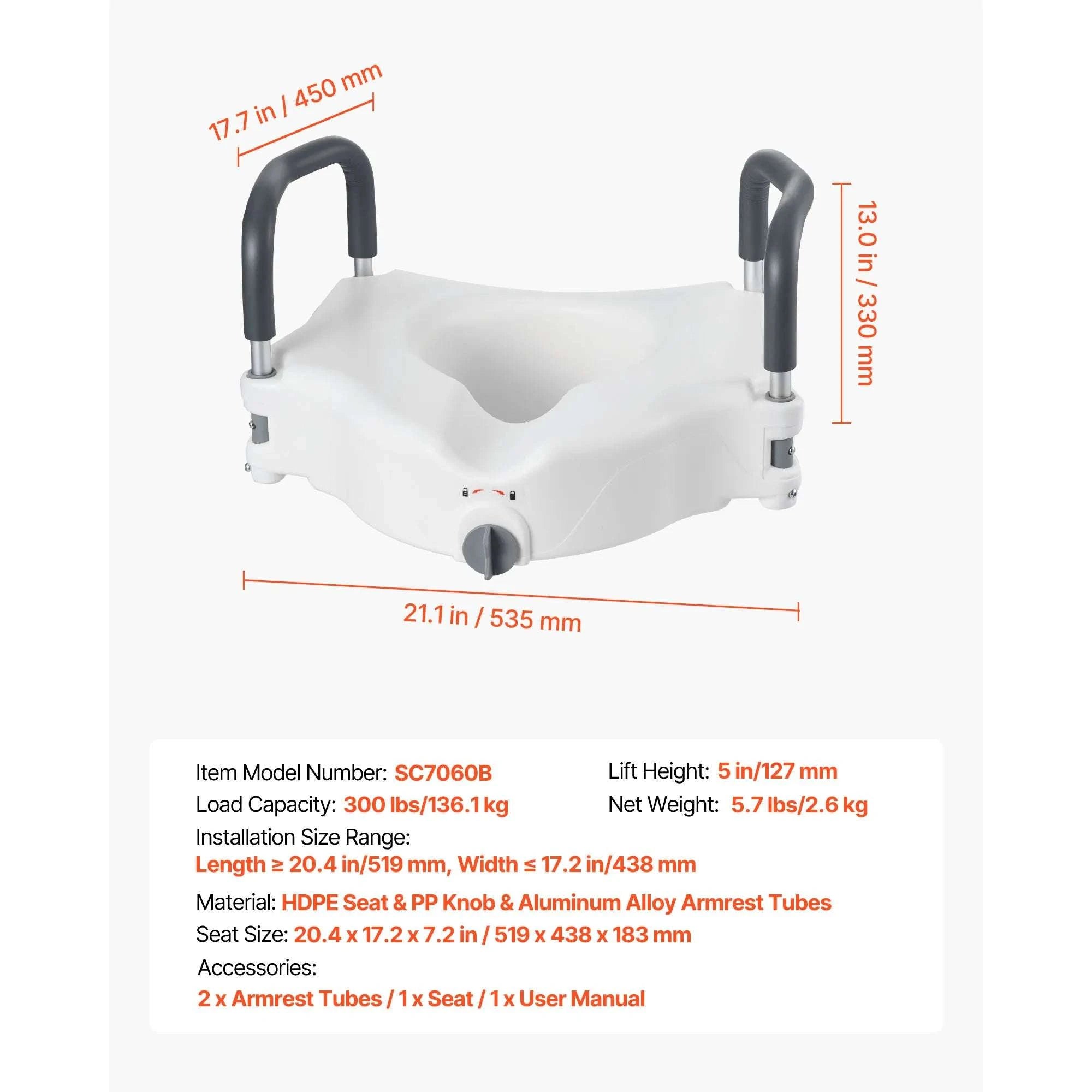 Raised Toilet Seat with 5-Inch Lift and Armrests for Safe Support-With Arms / United States