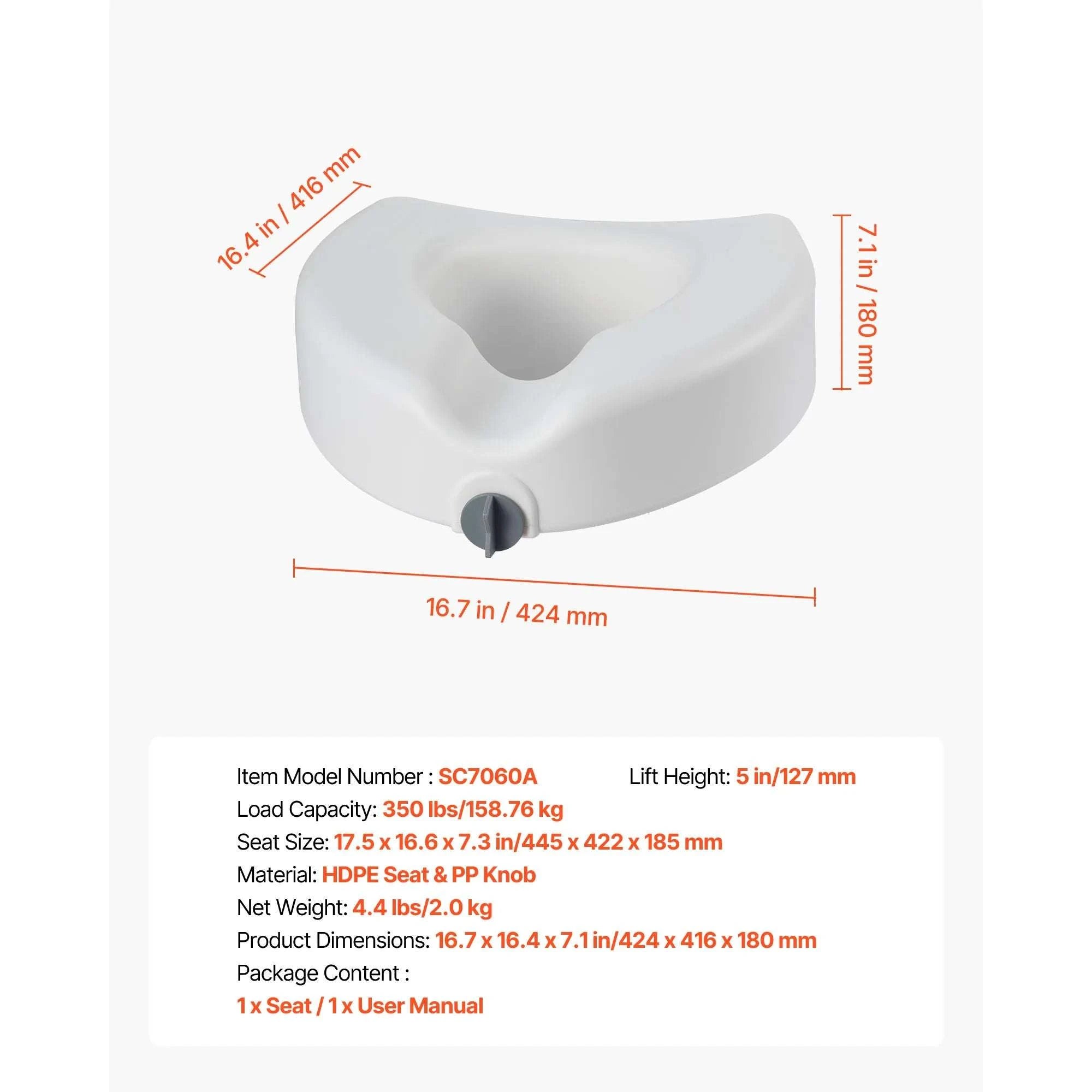 Raised Toilet Seat with 5-Inch Lift and Armrests for Safe Support-With Arms / United States
