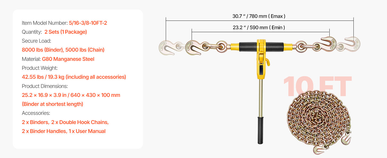 Ratchet Chain Binder Set with G80 Chains for Heavy Load Securing
