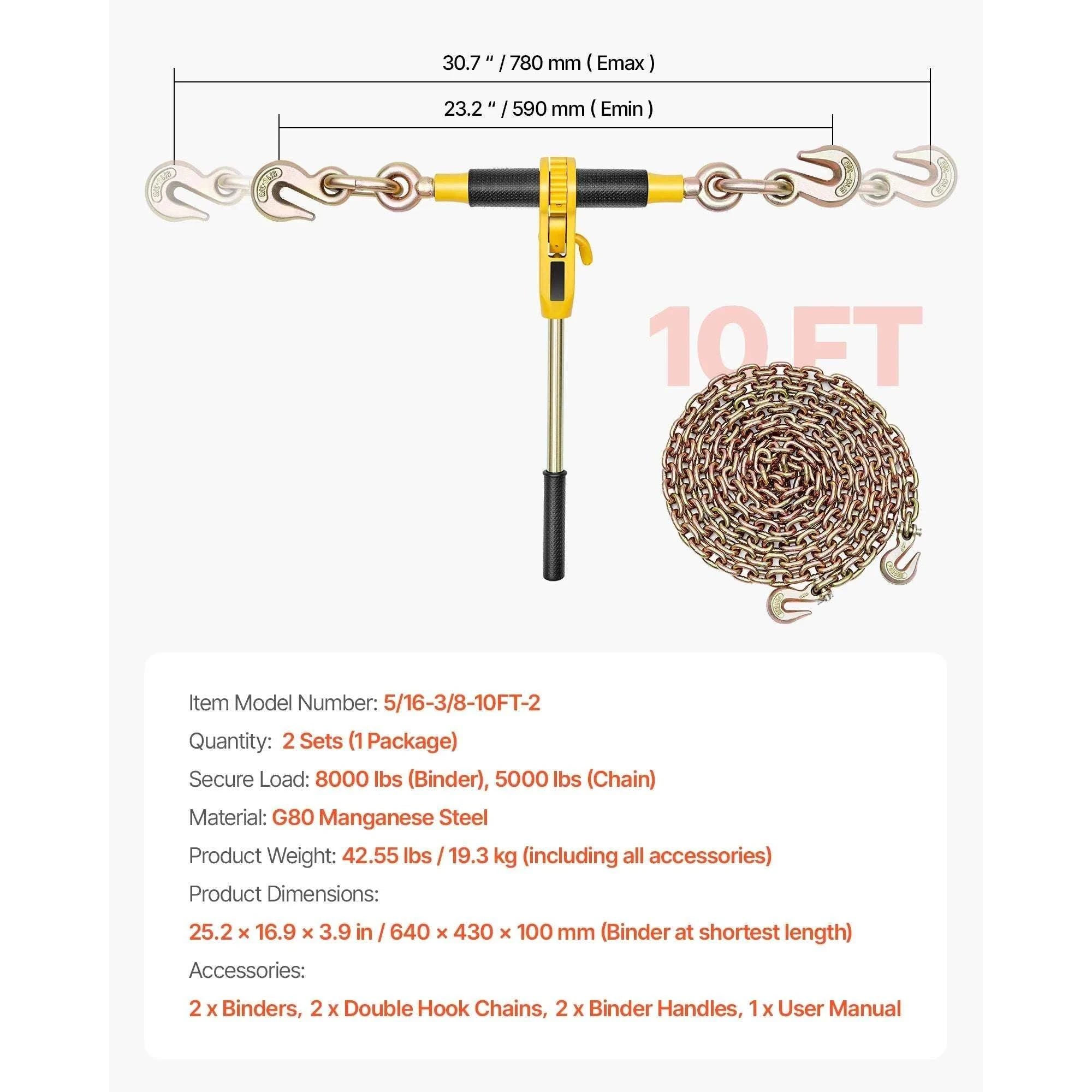 Ratchet Chain Binder Set with G80 Chains for Heavy Load Securing-14ft 4pcs / United States