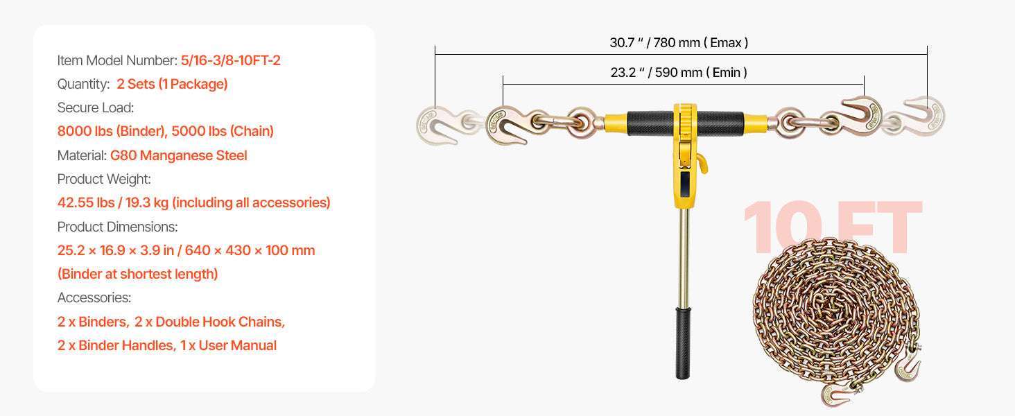 Ratchet Chain Binder Set with G80 Chains for Heavy Load Securing-14ft 4pcs / United States