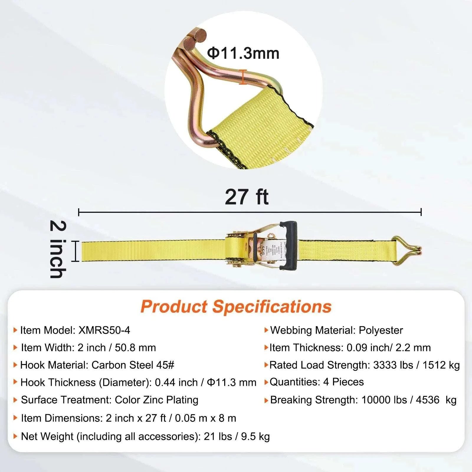 Ratchet Tie Down Straps 4-Pack 10000 lb Break Strength Double J Hooks-2 inx27ft 4 Pcs / United States