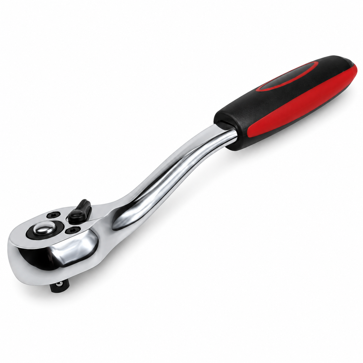 Chrome 72-tooth ratchet wrench with curved shaft and red-and-black grip on white background