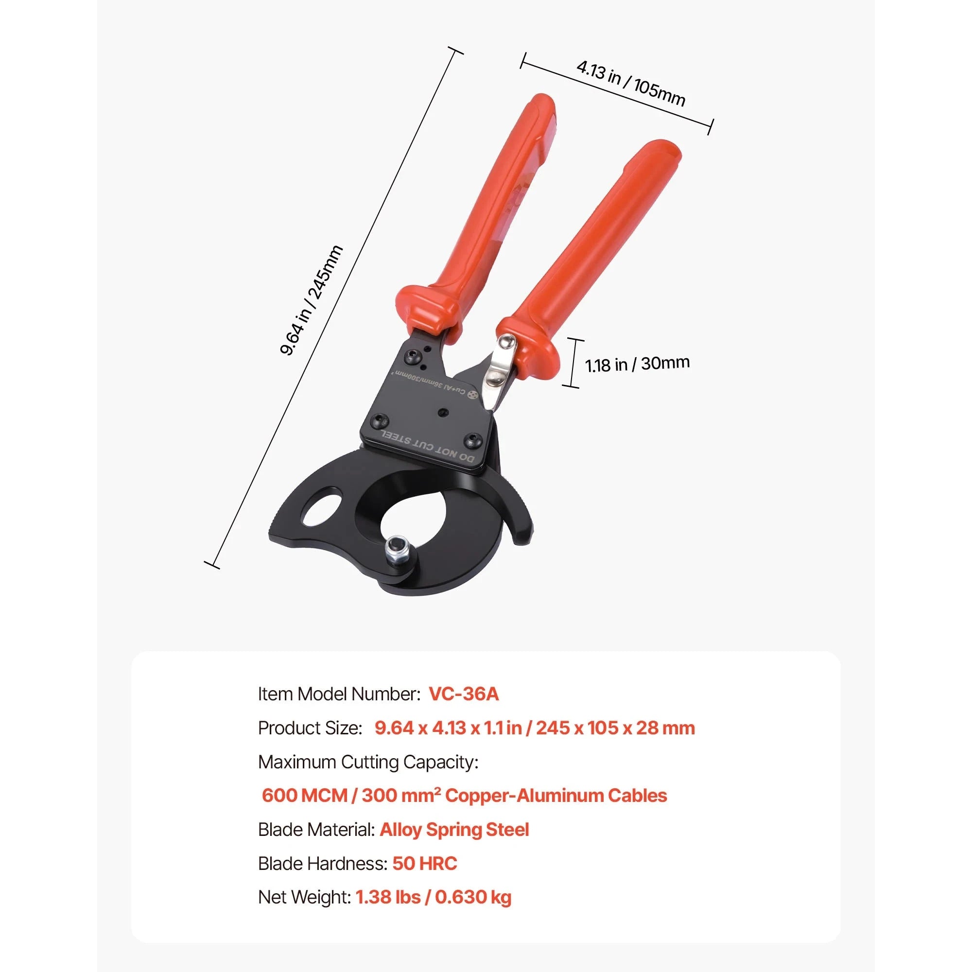 Ratcheting Cable Cutter with PVC-Coated Handles-23.5 cm H.Leverage / spain