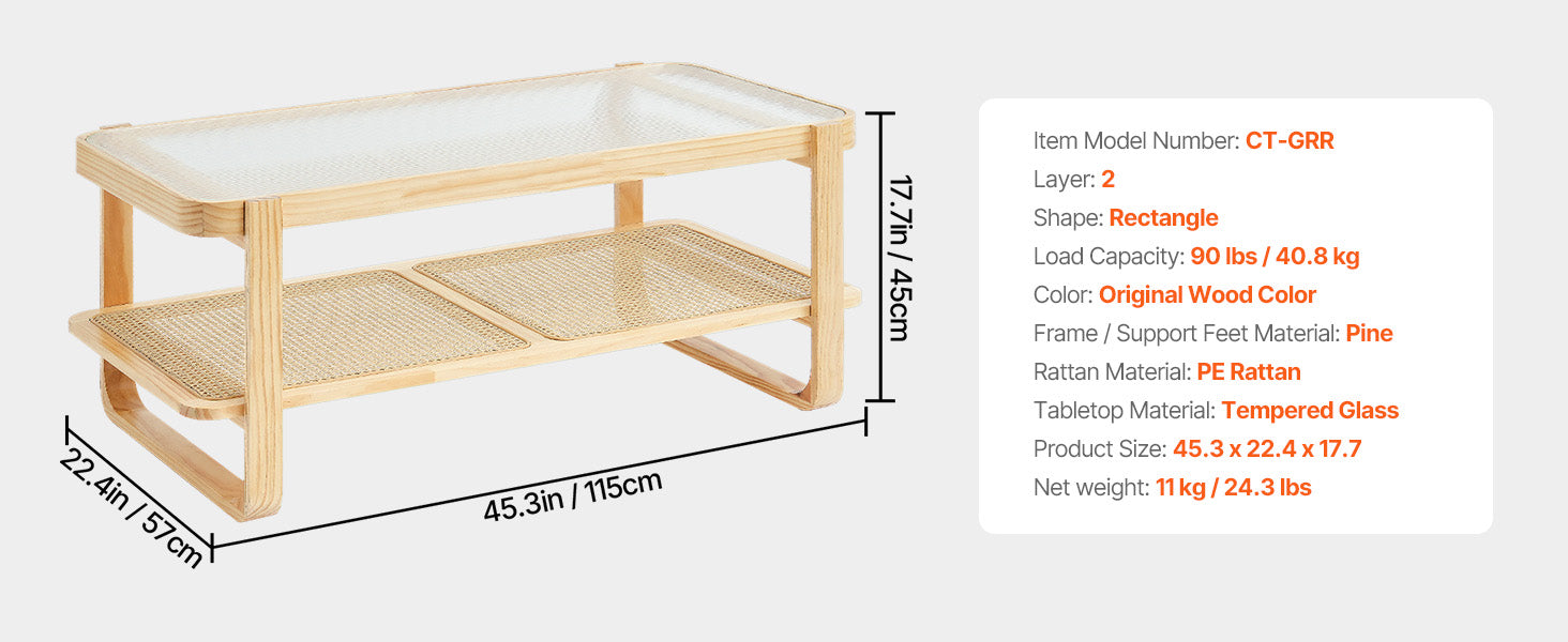 Rattan Coffee Table with Storage Shelf Boho Rectangle 42–47in
