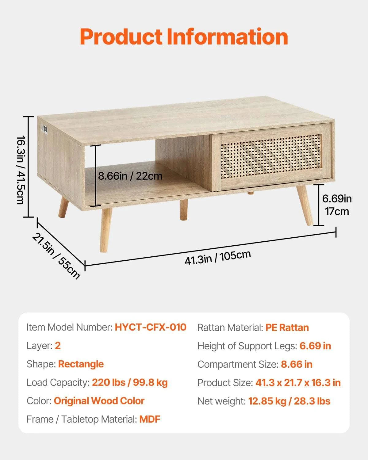 Rattan Coffee Table with Storage Shelf Boho Rectangle 42–47in-45 inch / United States