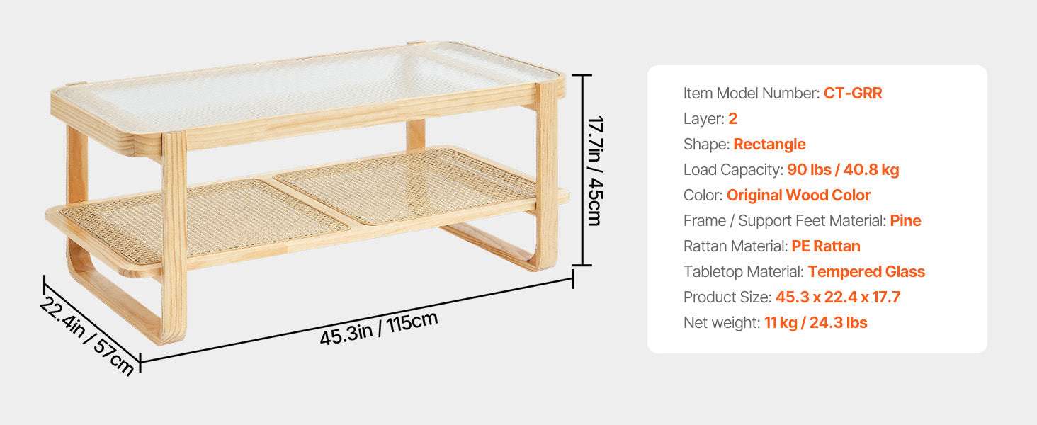Rattan Coffee Table with Storage Shelf Boho Rectangle 42–47in-45 inch / United States
