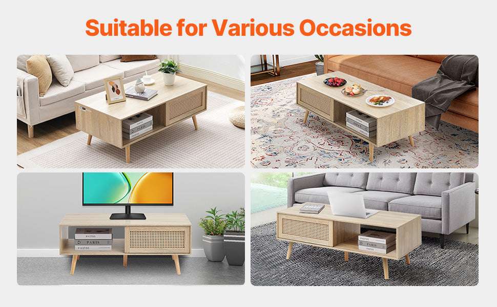 Rattan Coffee Table with Storage Shelf Boho Rectangle 42–47in-45 inch / United States