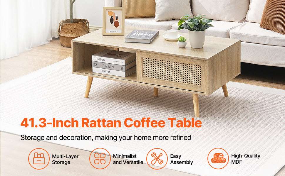 Rattan Coffee Table with Storage Shelf Boho Rectangle 42–47in-45 inch / United States
