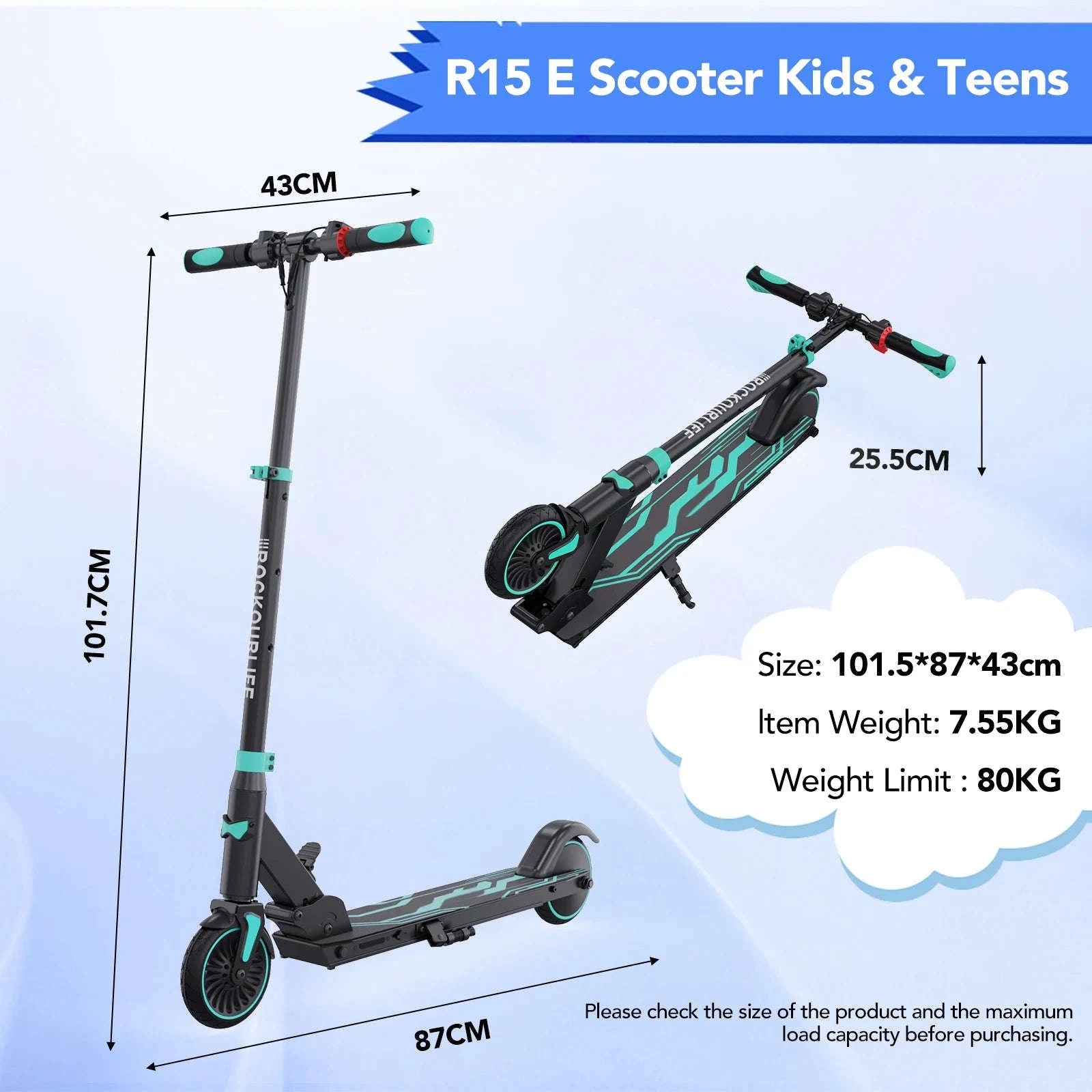 RCB Kids Electric Scooter R15 with Adjustable Height-Black-Red / GERMANY