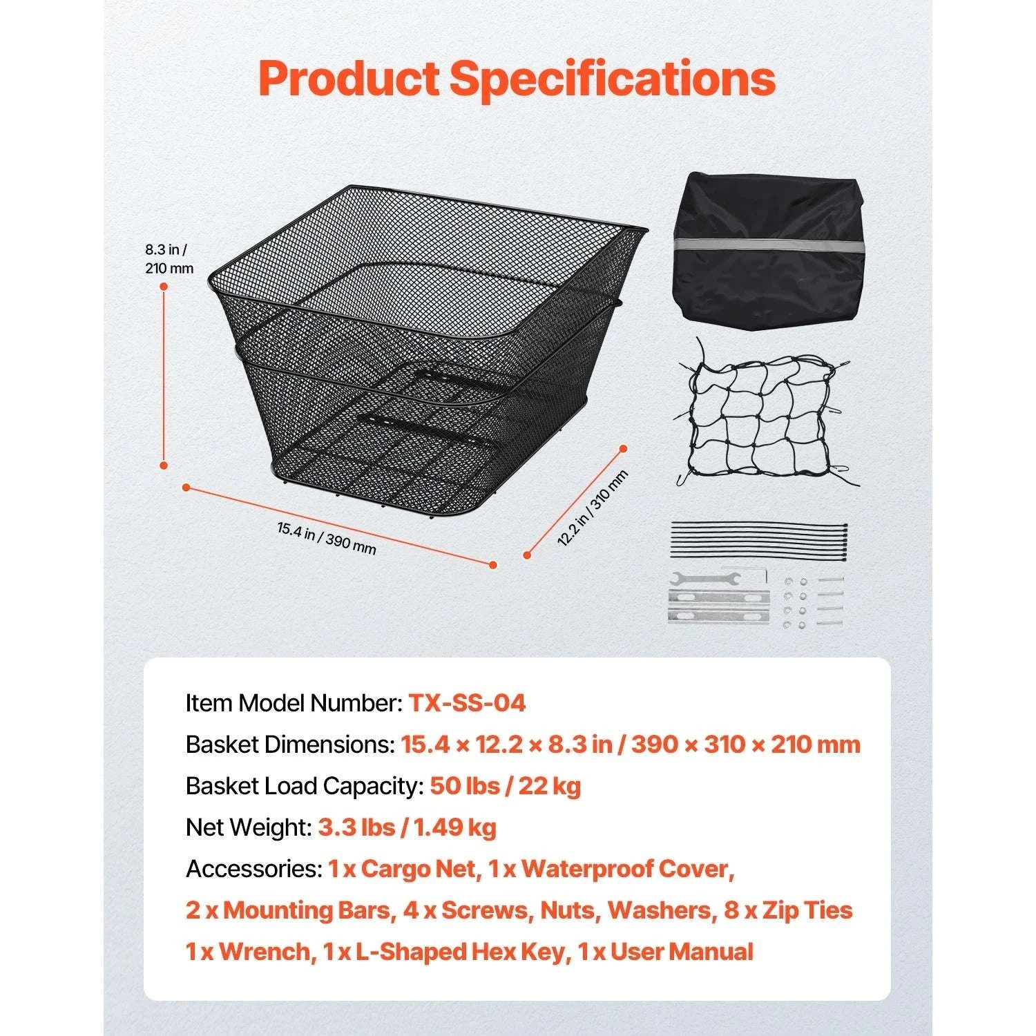 Rear Bike Basket with Waterproof Cover – 50 lbs Capacity Rack Mount-Non-foldable 50 lbs / United States
