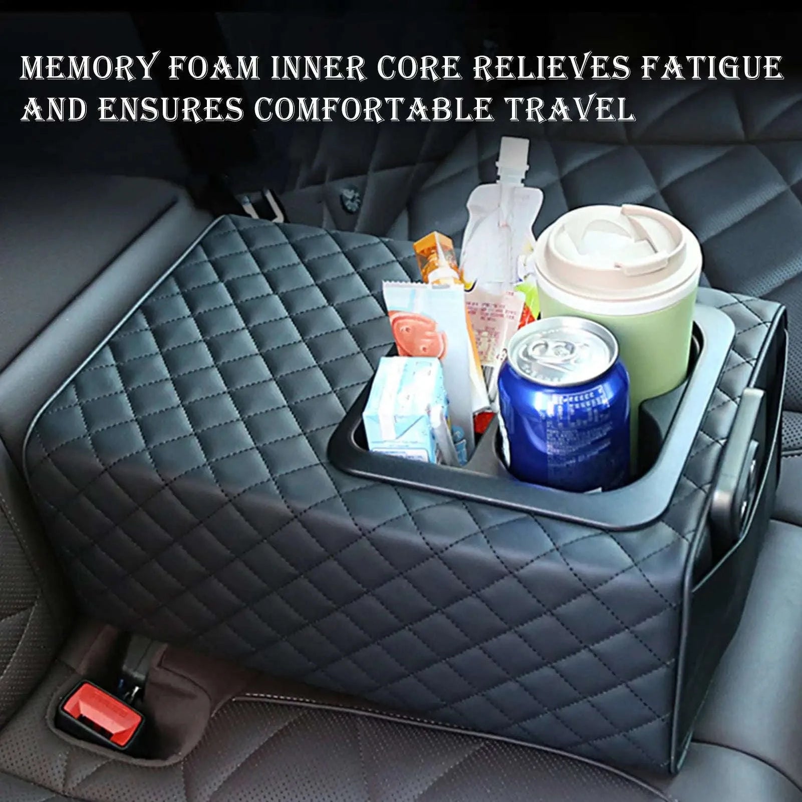 Rear Seat Armrest Booster Pad with Cup Holders and Double Pockets-Black / China Mainland