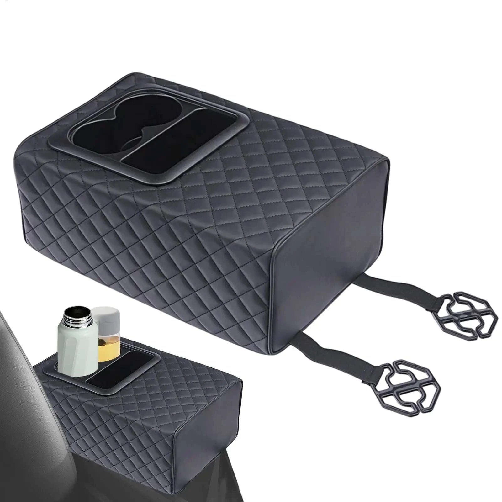Rear Seat Armrest Booster Pad with Cup Holders and Double Pockets-Black / China Mainland