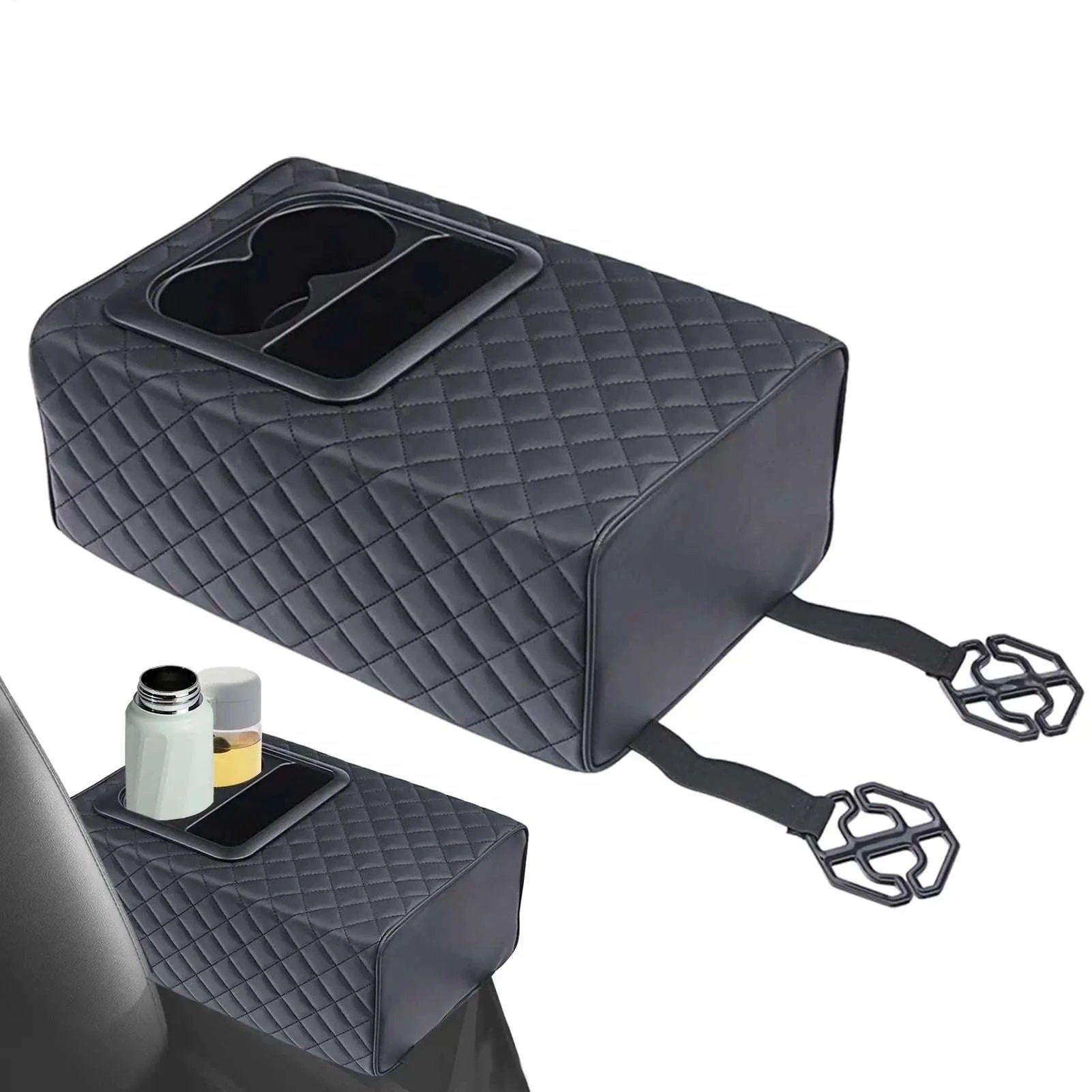 Rear Seat Armrest Booster Pad with Cup Holders and Double Pockets-Black / China Mainland
