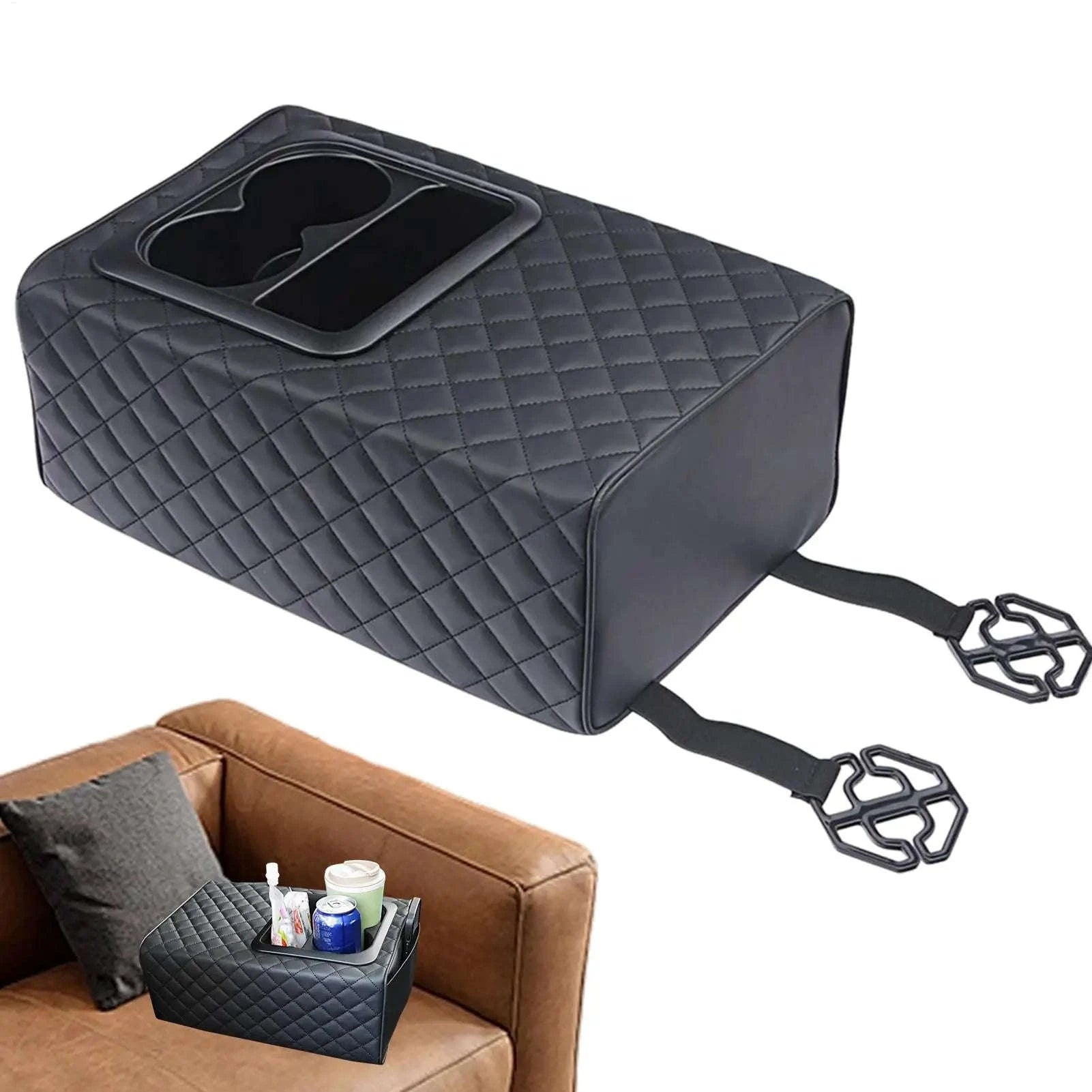 Rear Seat Armrest Booster Pad with Cup Holders and Double Pockets-Black / China Mainland
