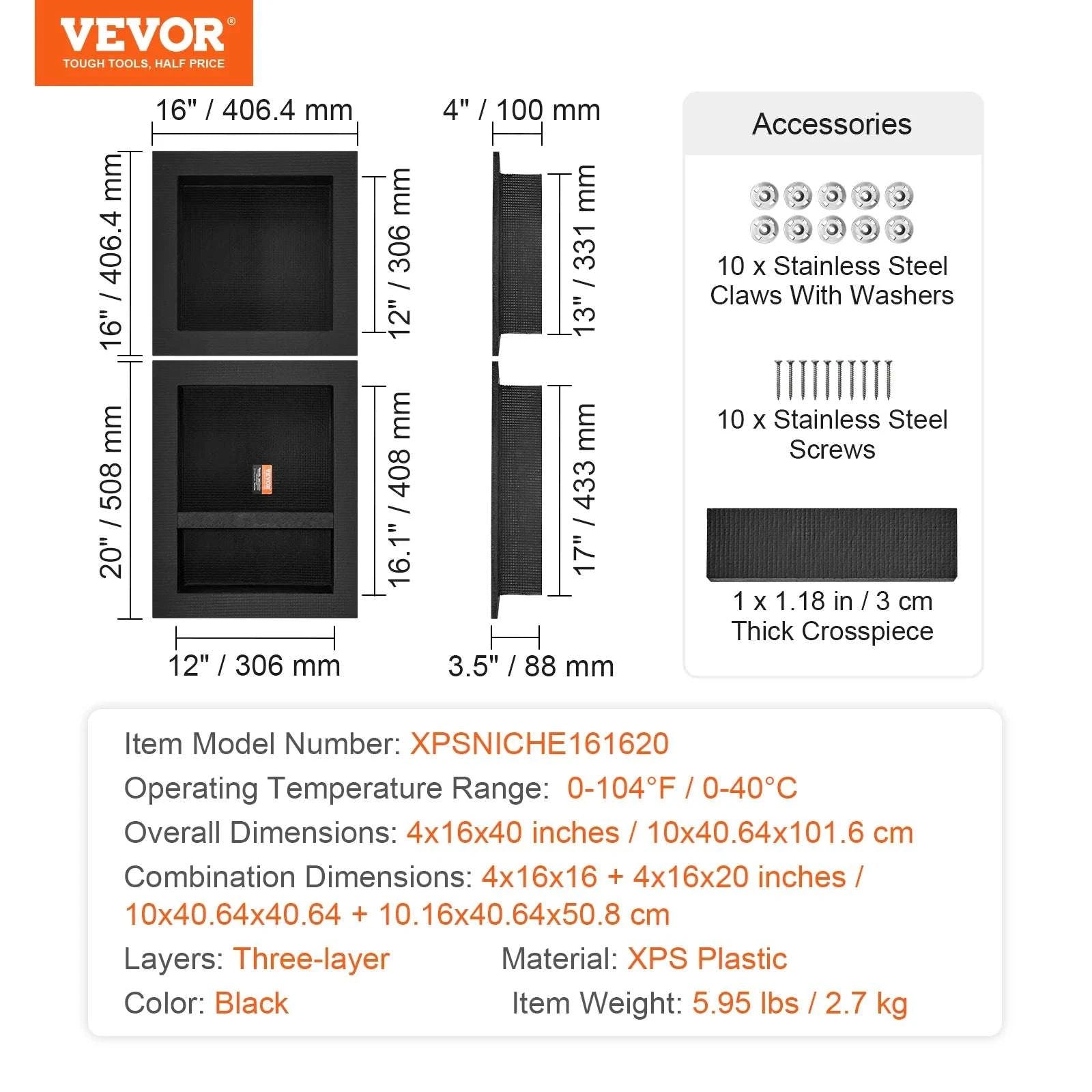 Recessed Shower Niche Shelf 16x24 Double Layer Waterproof Storage-16x16in 1Layer / spain
