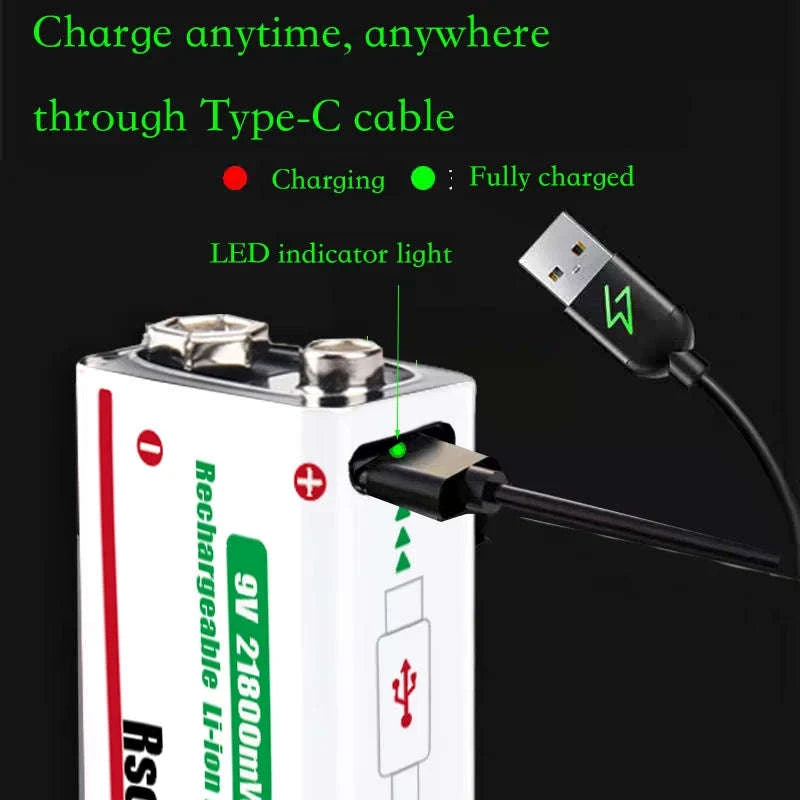 Rechargeable 9V Lithium Battery 21800mWh USB-C Fast Charge-12 pcs 9v Batteries / 9v