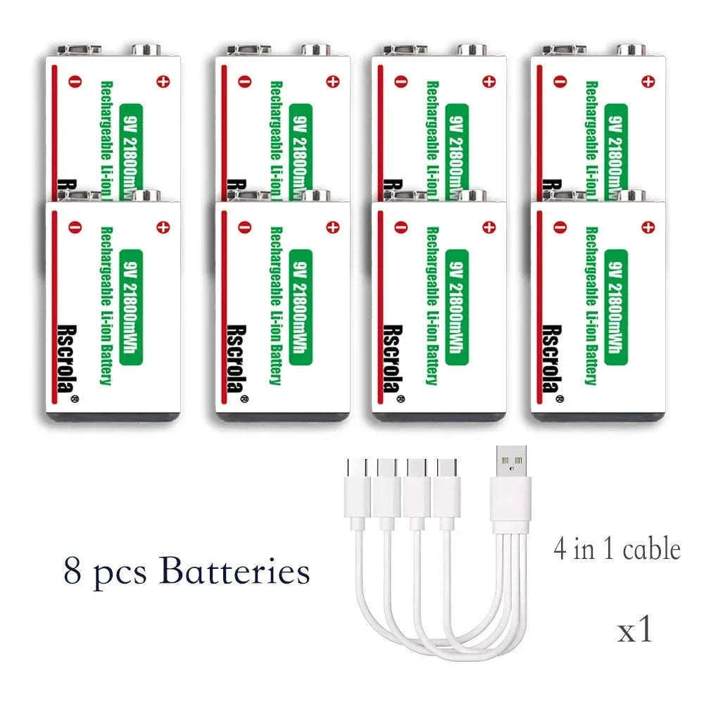 Rechargeable 9V Lithium Battery 21800mWh USB-C Fast Charge-12 pcs 9v Batteries / 9v