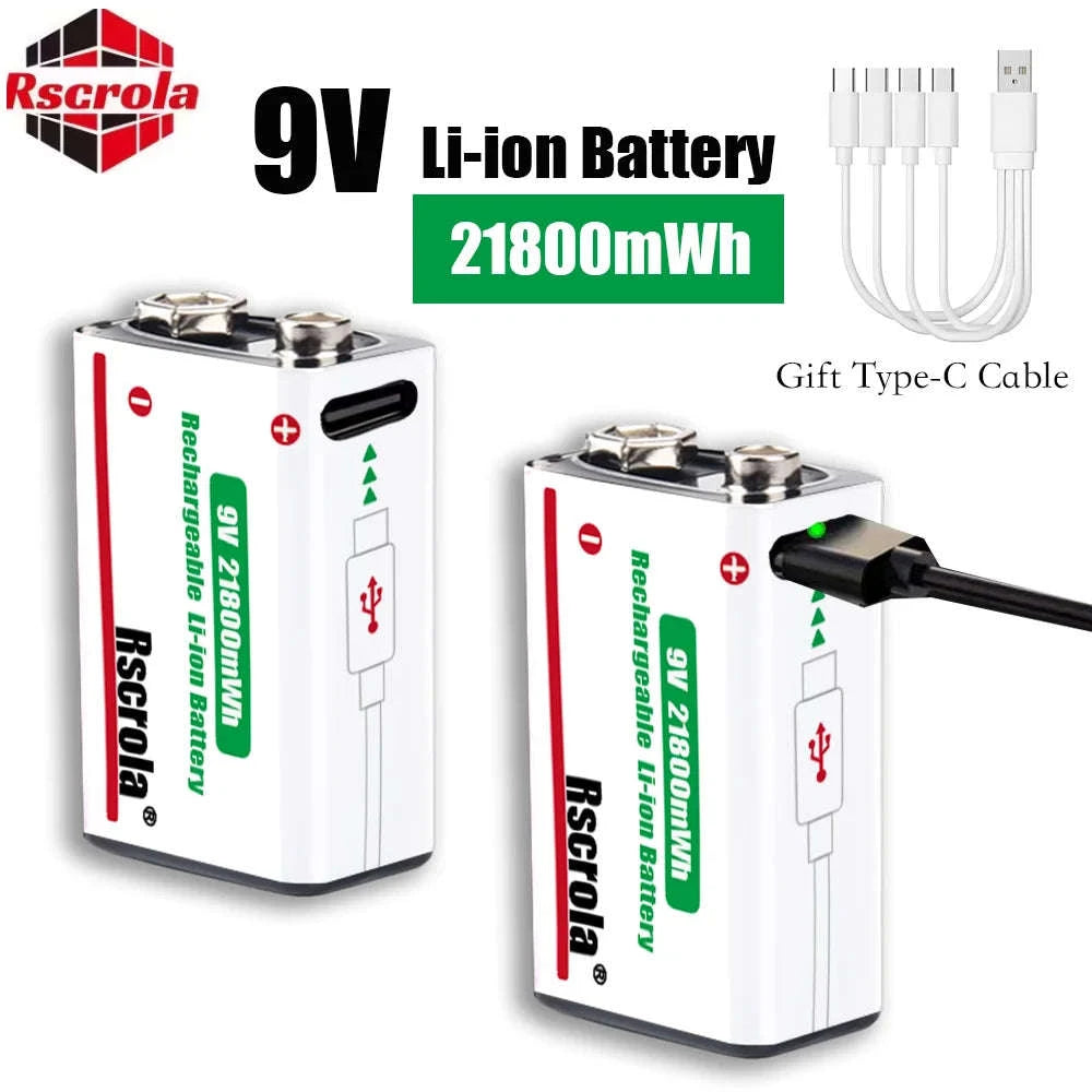Rechargeable 9V Lithium Battery 21800mWh USB-C Fast Charge-12 pcs 9v Batteries / 9v