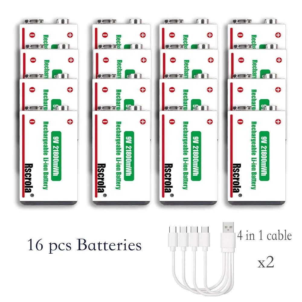 Rechargeable 9V Lithium Battery 21800mWh USB-C Fast Charge-12 pcs 9v Batteries / 9v