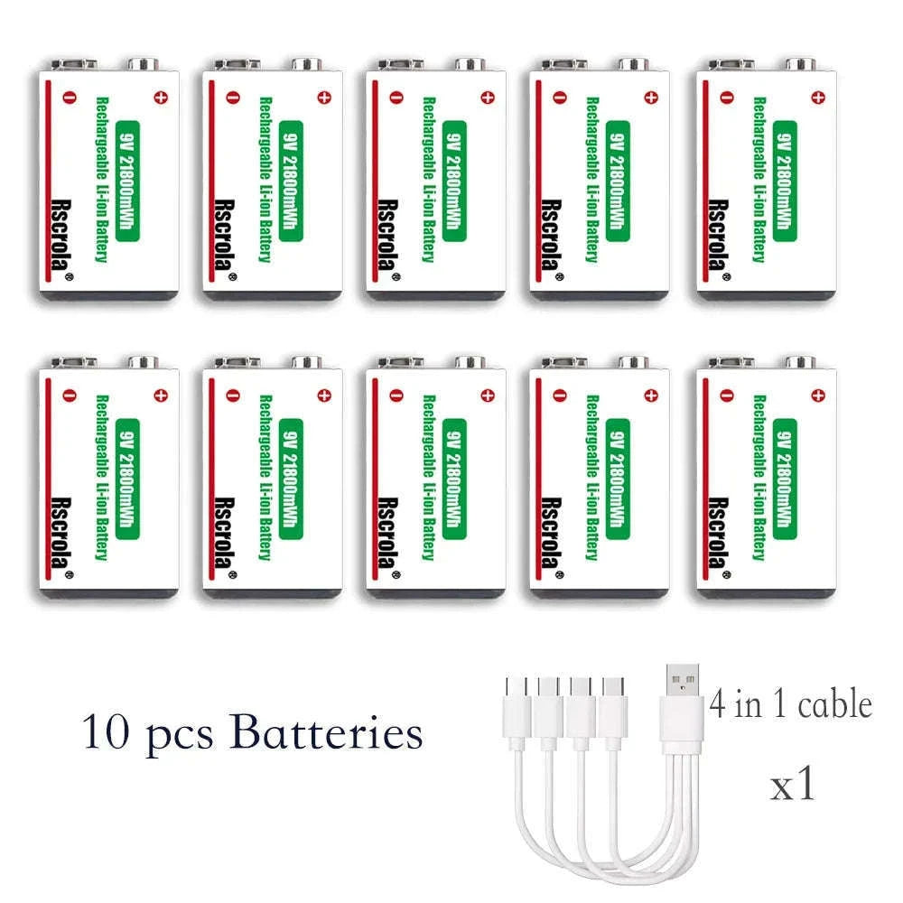 Rechargeable 9V Lithium Battery 21800mWh USB-C Fast Charge-12 pcs 9v Batteries / 9v