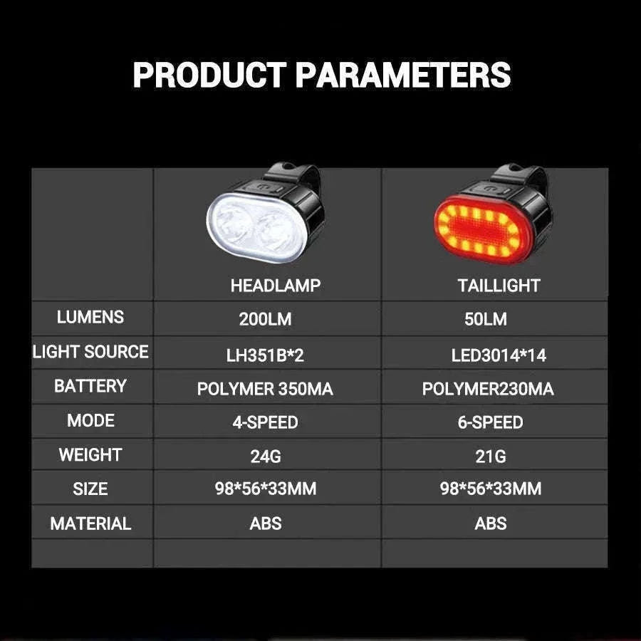 Rechargeable Bike Light Set Front & Rear LED Lights USB-C-Bike white Headlight
