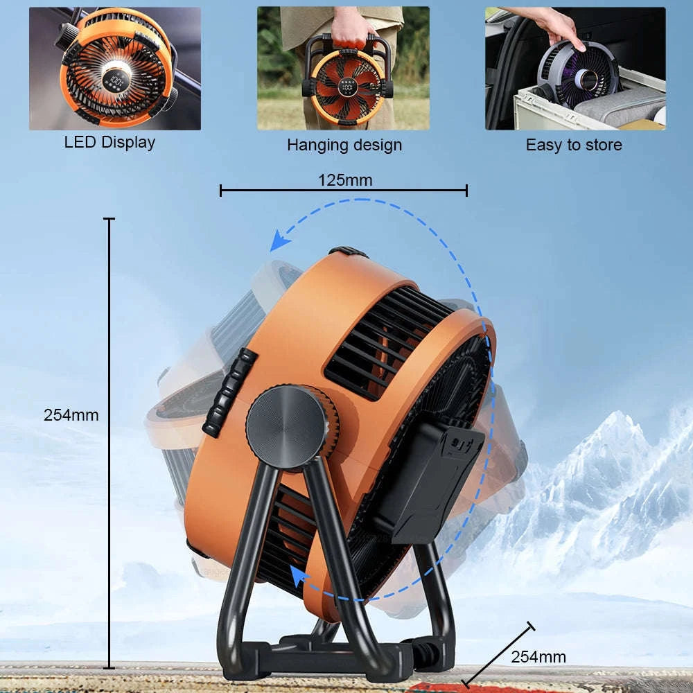 Rechargeable Camping Fan with Light and Hanging Hook-Orange