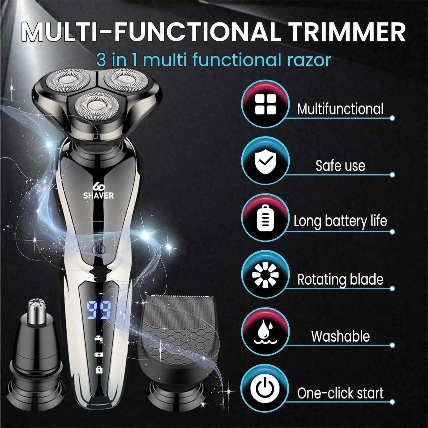 Rechargeable Electric Shaver 3-in-1 Grooming Kit with Nose Trimmer-Silver / China Mainland