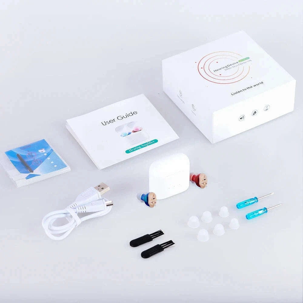 Rechargeable Invisible Mini Hearing Aid with Clear Amplification-Blue-Red