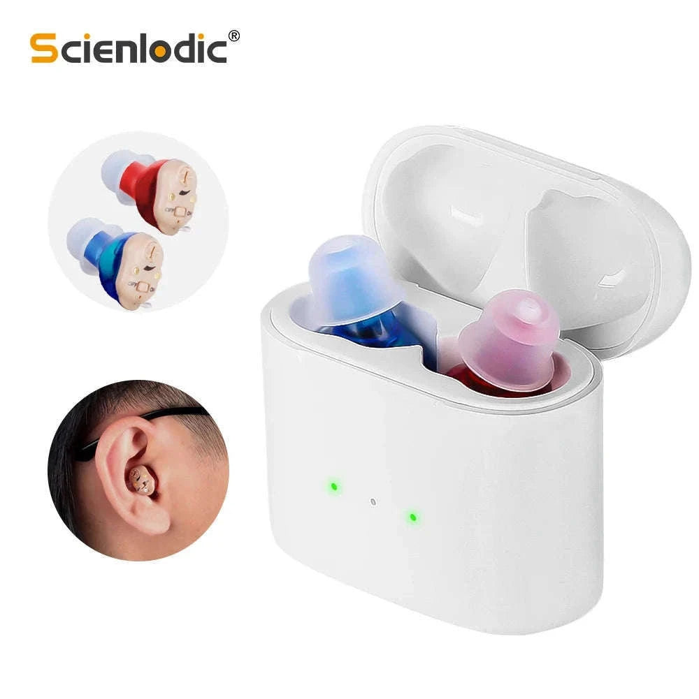 Rechargeable Invisible Mini Hearing Aid with Clear Amplification-Blue-Red