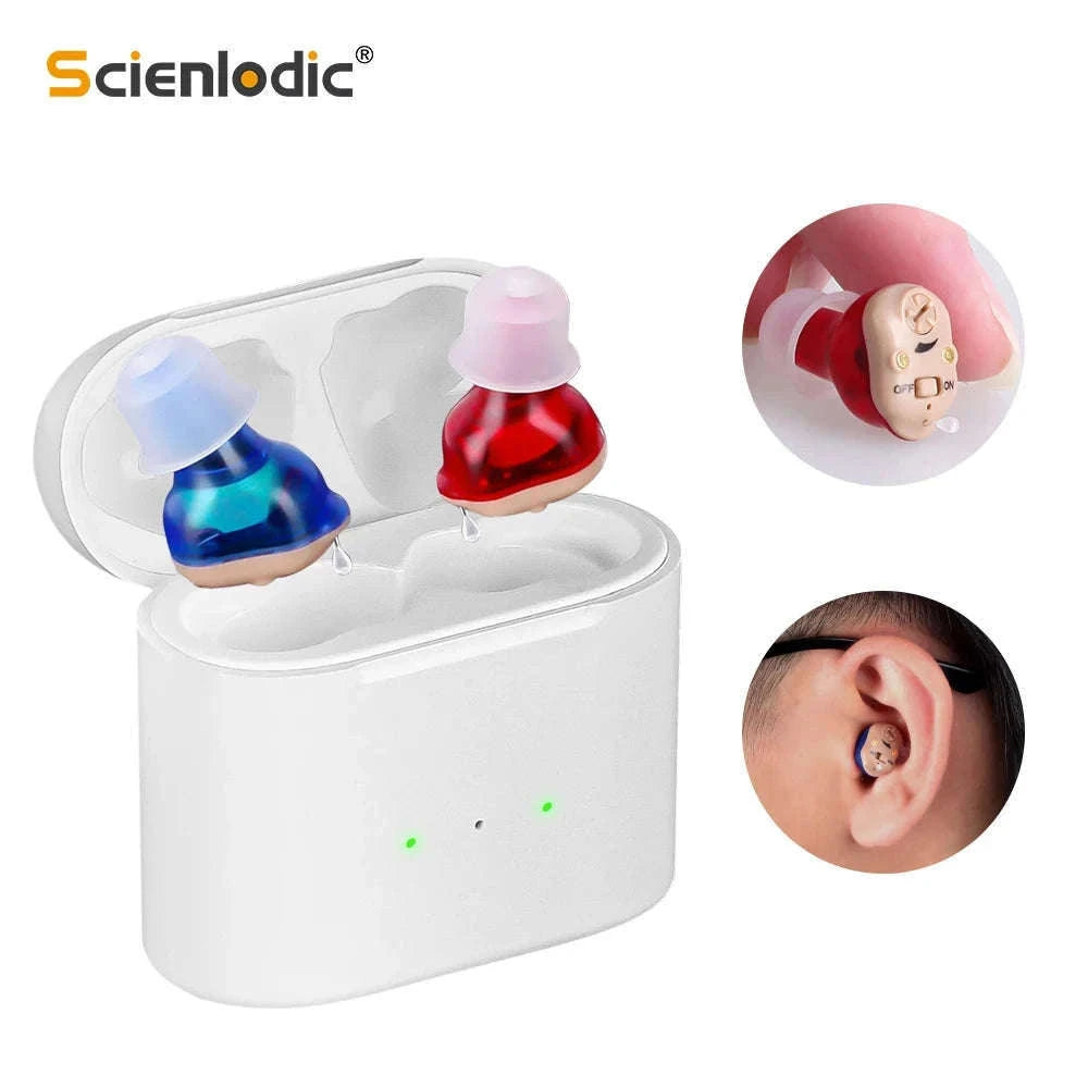Rechargeable Invisible Mini Hearing Aid with Clear Amplification-Blue-Red