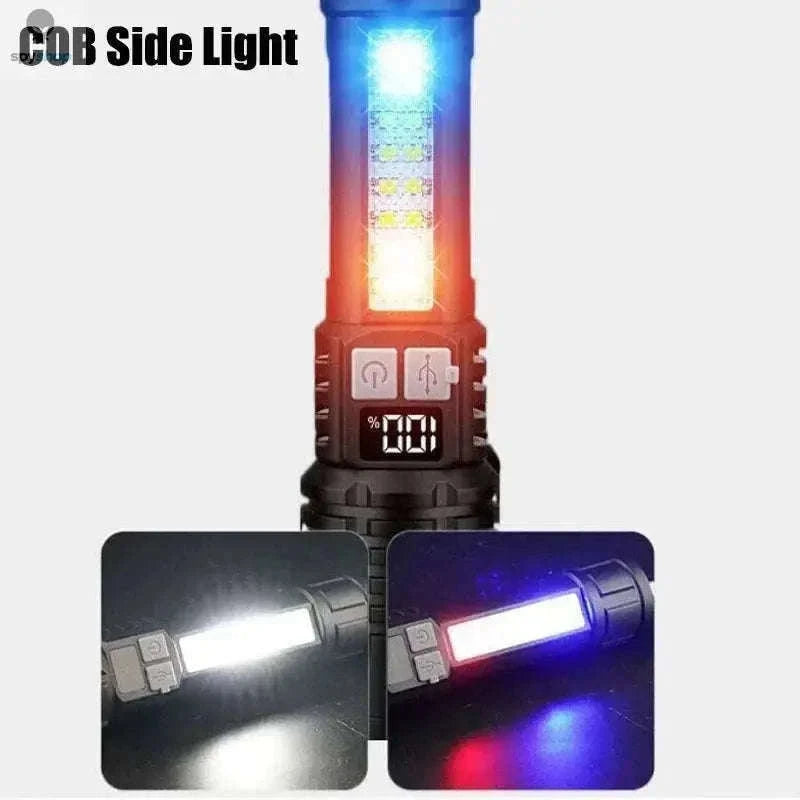 Rechargeable LED Flashlight with COB Side Light and Zoom-Black-1pc-EU plug