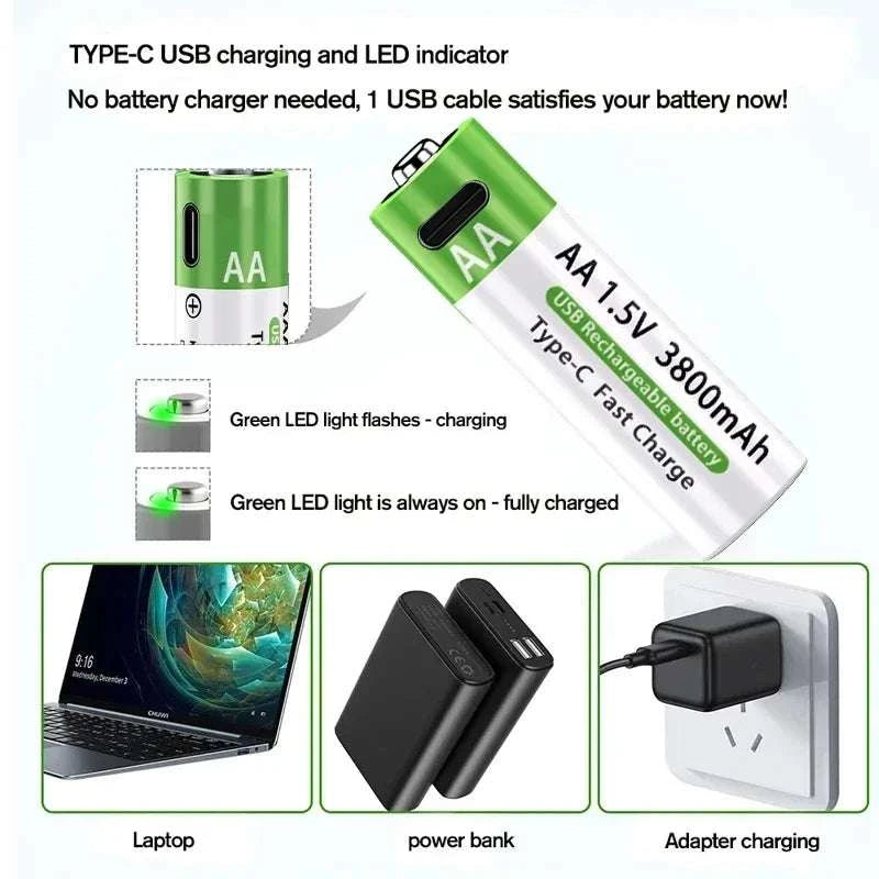 Rechargeable Lithium AA & AAA Batteries with Type-C Fast Charging Set-4PCS-AA / 1.5V