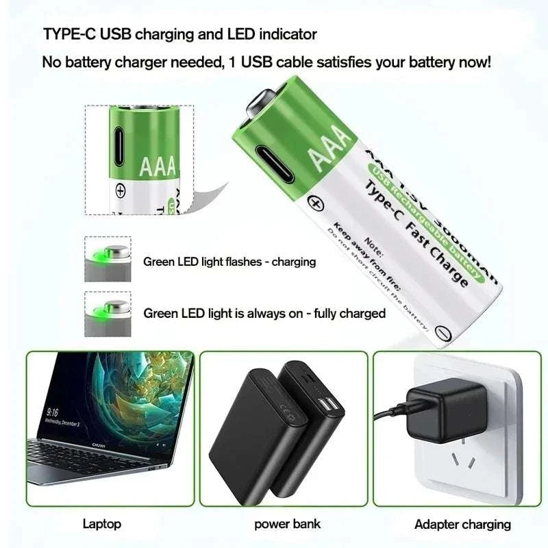 Rechargeable Lithium AA & AAA Batteries with Type-C Fast Charging Set-4PCS-AA / 1.5V