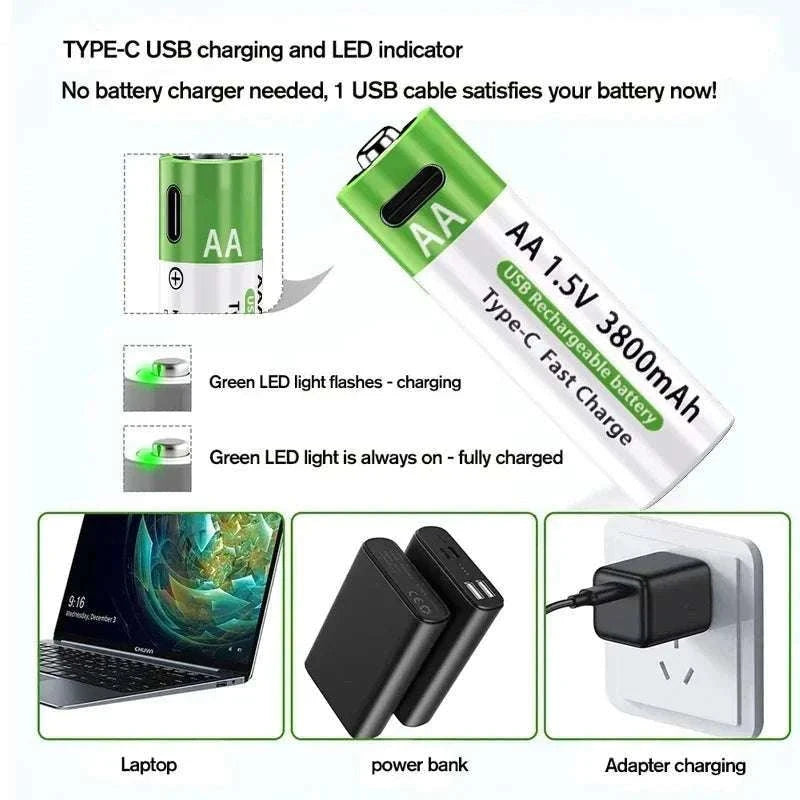 Rechargeable Lithium AA & AAA Batteries with Type-C Fast Charging Set-4PCS-AA / 1.5V